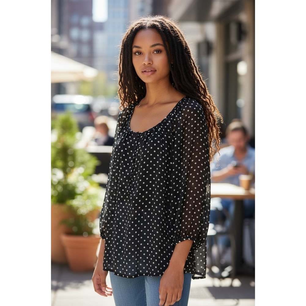 LC Lauren Conrad Women Black White Polka Dot Sheer Chiffon Blouse Size L